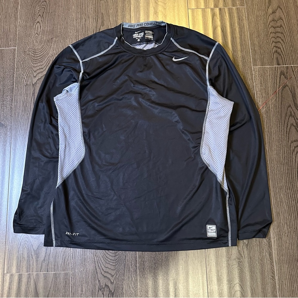 Nike Pro Combat Dri-FIT Long Sleeve Shirt Men’s XL Black Grey Fitted Training
